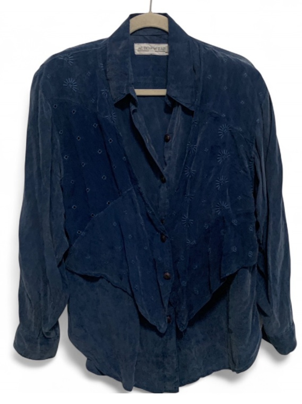 Vintage Blue Boho Layered Long Sleeve Oversized Button Down Shirt